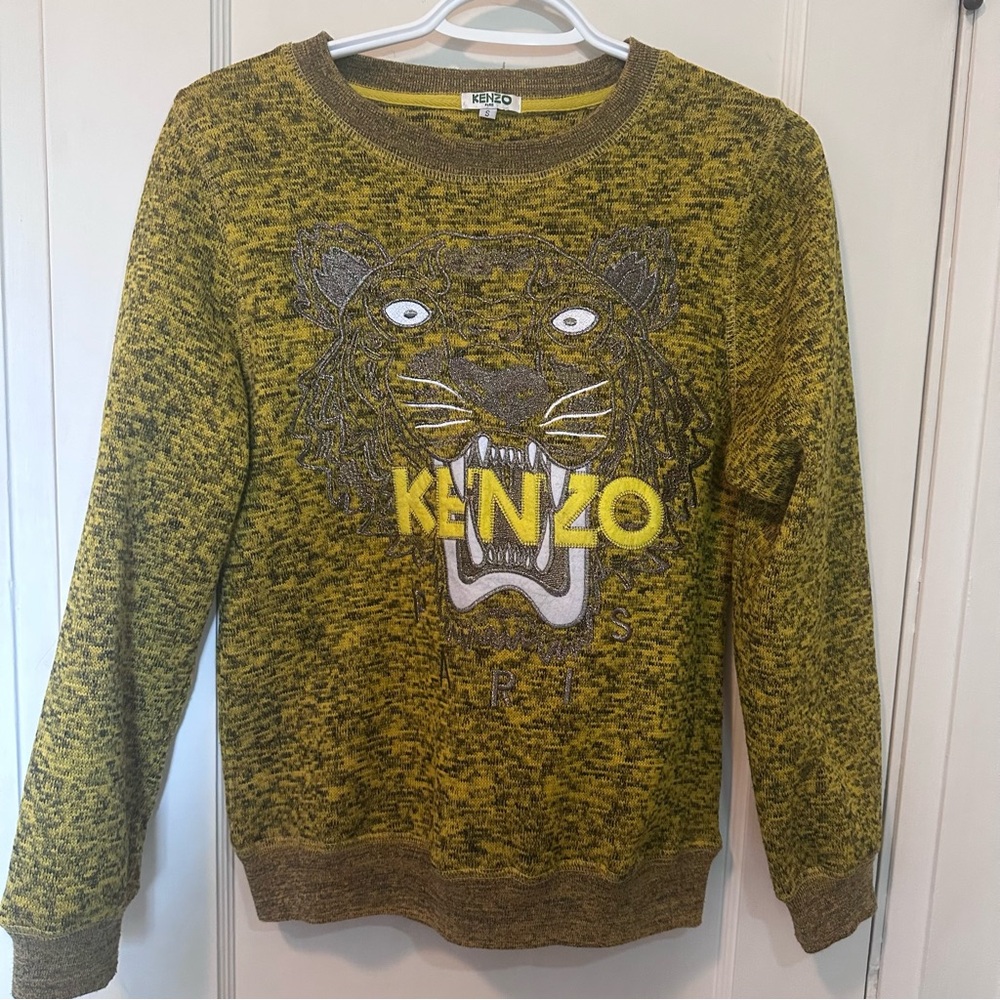 Kenzo Paris Yellow & Black Sweatshirt with Metallic Embroidered Tiger & Text